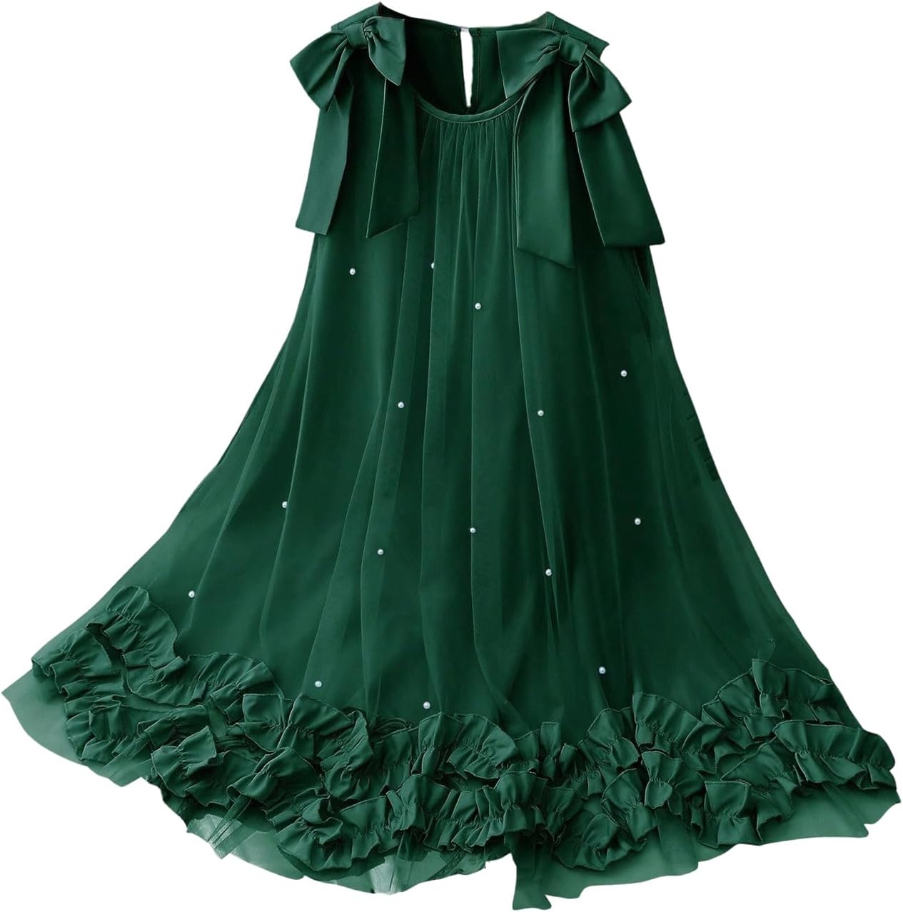 OYOANGLE Girl's Peal Beaded Mesh Tank Dress Bow Ruffle Trim A Line Birthday Party Dresses