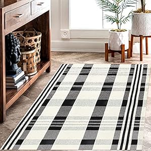 Cainanel buffalo plaid outdoor rug black and white check rug 354 x 59 cotton hand woven checkered front welcome door mat indooroutdoor area rug for front porchkitchenentry wayliving room  urban country home decor