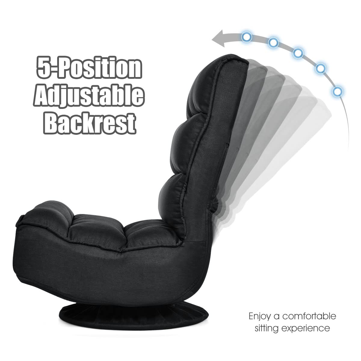 LIFEZEAL Silla de Suelo giratoria 360°, Silla de sofá Ajustable de 5 Posiciones, Plegable con Respaldo Ajustable, sin Reposabrazos, soporta hasta 151 kg (Negro)