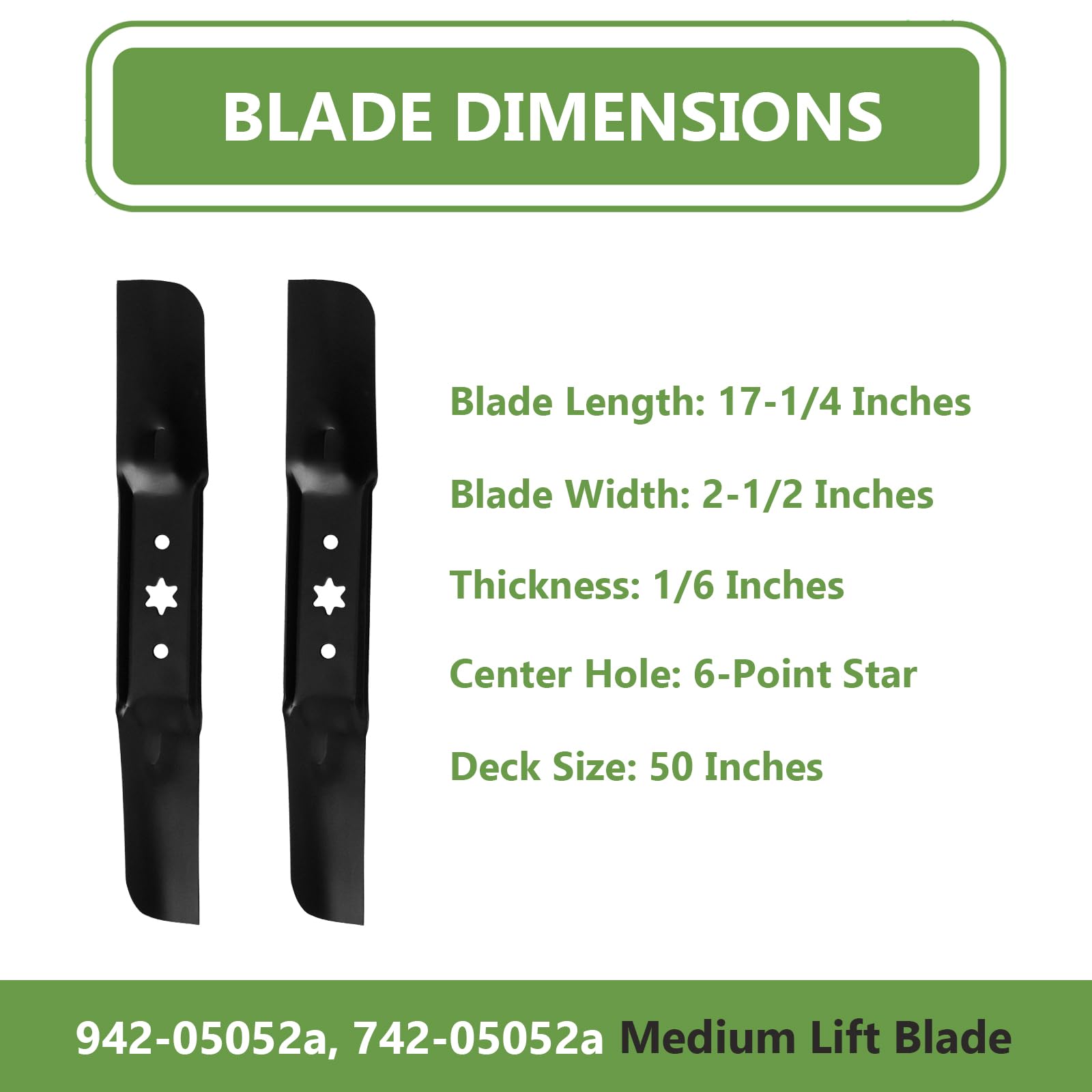 Cuchillas de elevación mediana 942-05052A para cortacésped de 50 pulgadas de corte – Sustituye al OEM 942-05052 742-05052 742-05052A – Compatible con MTD Cub Cade t S50 XT1 GT50 LT50 XT2