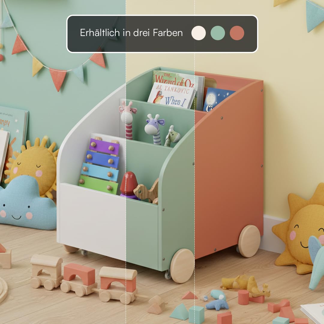 Bellabino Towy Kinderregal – Kinder Bücherregal mit 3 Fächern – Montessori Regal Weiß - Aufbewahrungsregal Kinderzimmer mit Rollen – Spielzeugregal mit Geheimfach – Kinderbücherregal 43x40x43 cm