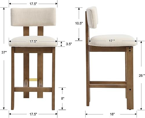 Miniatura 2 de Juego de 2 taburetes de bar de 26 pulgadas de altura de mostrador con respaldo y patas de madera maciza, modernos taburetes de bar tapizados de lino
