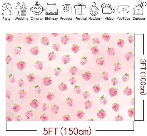 Miniatura 6 de Telón de fondo de fresa rosa para niñas, decoración de fiesta de cumpleaños, fondo de fotografía de fresa, suministros de baby shower, decoración de