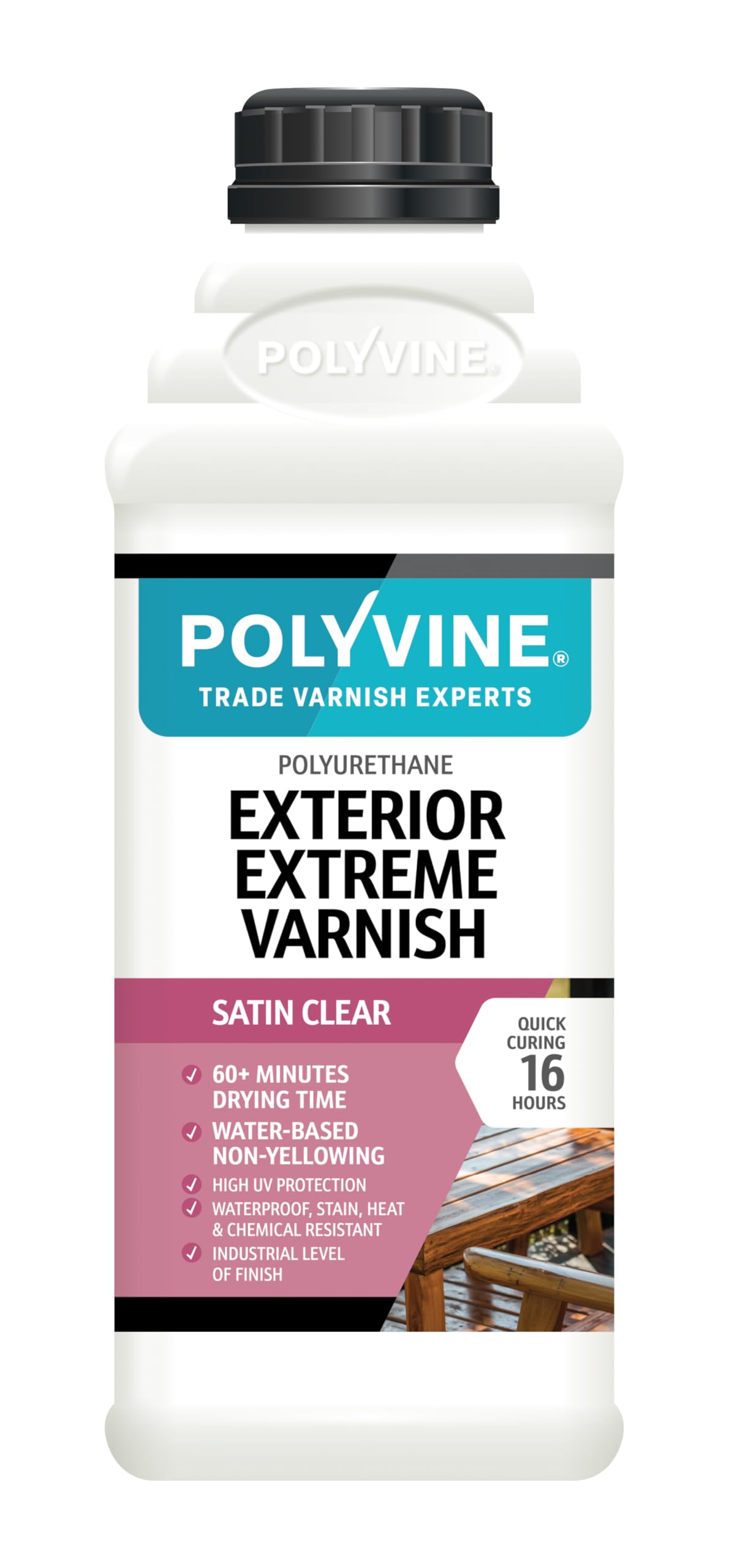 Polyvine Exterior Extreme Varnish Satin – Heavy Duty Outdoor Waterproof Clear Varnish - Quick Dry Polyurethane Clear Coat Multi Use Protective Coating - UV, Heat, Stain Water Based Sealer, (Satin, 1L)