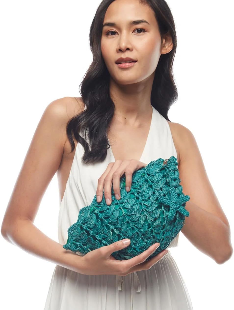 MAR Y SOL Shelley Seashell Clutch, Crocheted Raffia Straw, Starfish Charm, Multiple Colors