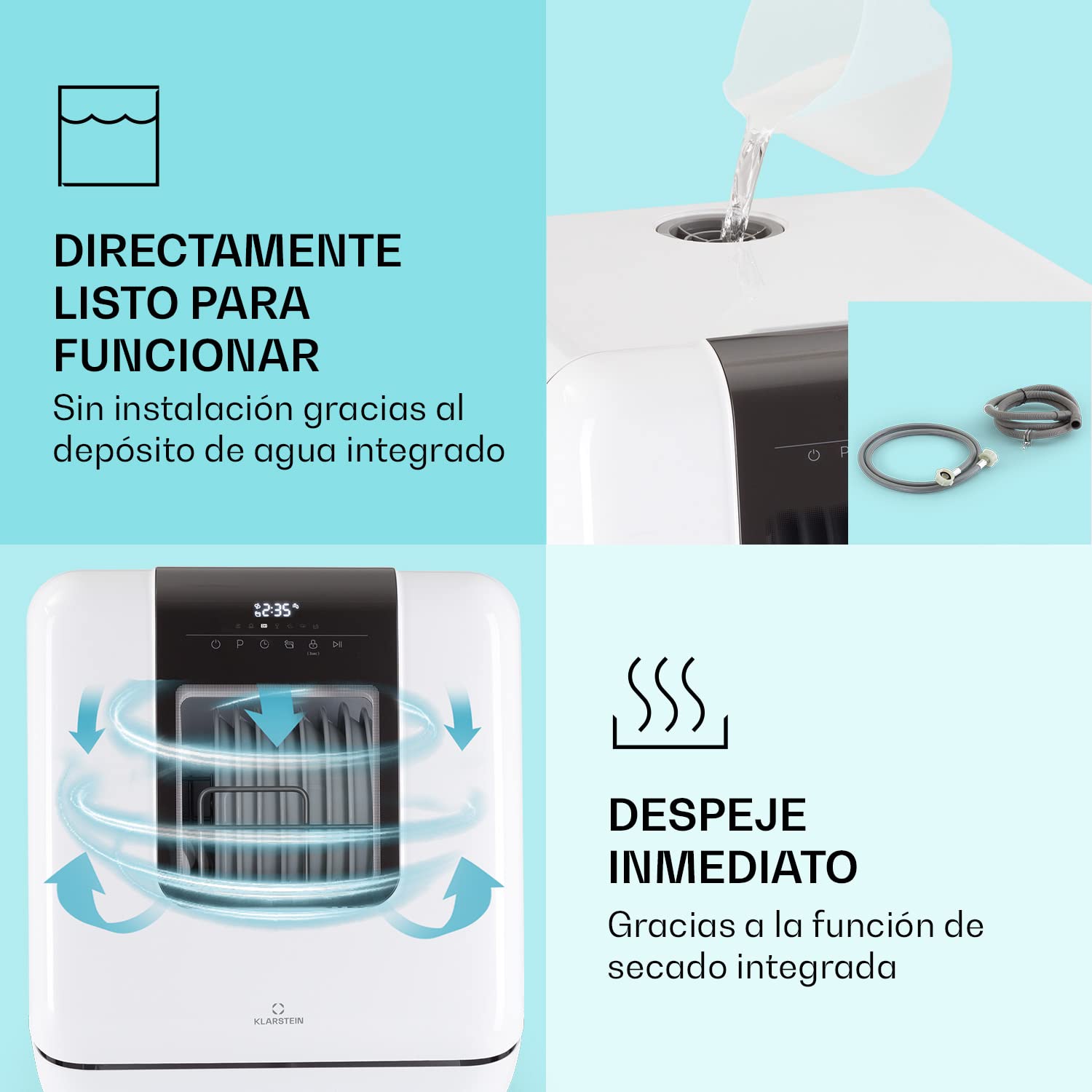 Klarstein Lavavajillas Pequeño de Sobremesa, Mini Lavavajillas 3 Cubiertos, Portatil Silencioso para Encimera, 7 Programas de Lavado, Compacto para Casa, Sin Fontanería