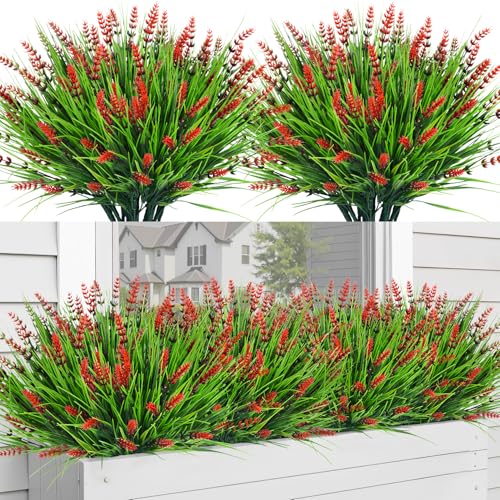 Image of Bassion 24 Bundles Fake Lavender Artificial Flowers for Outdoors, Red