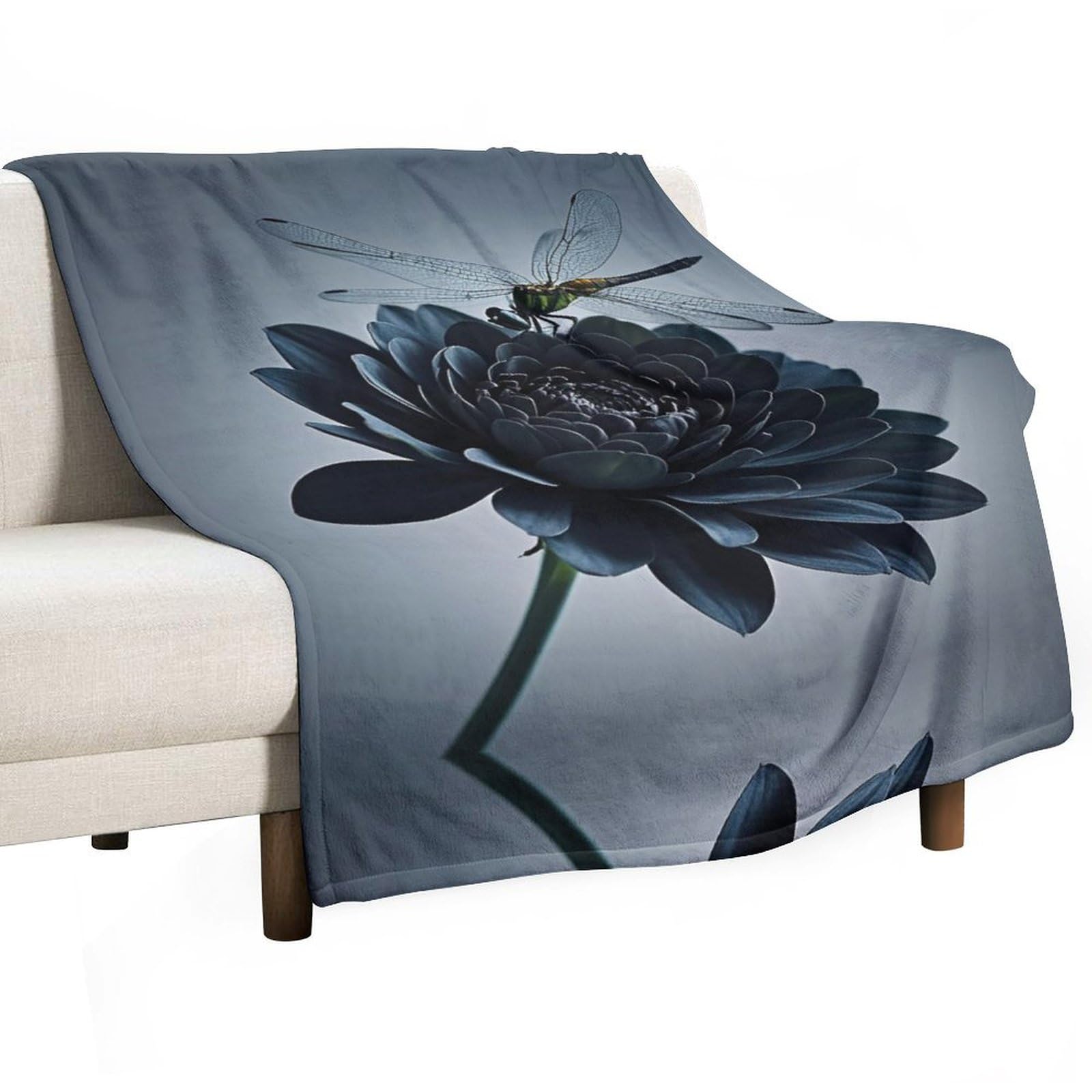 Couverture en flanelle fleurs noires et libellule 150x200cm en peluche douce pour canapé