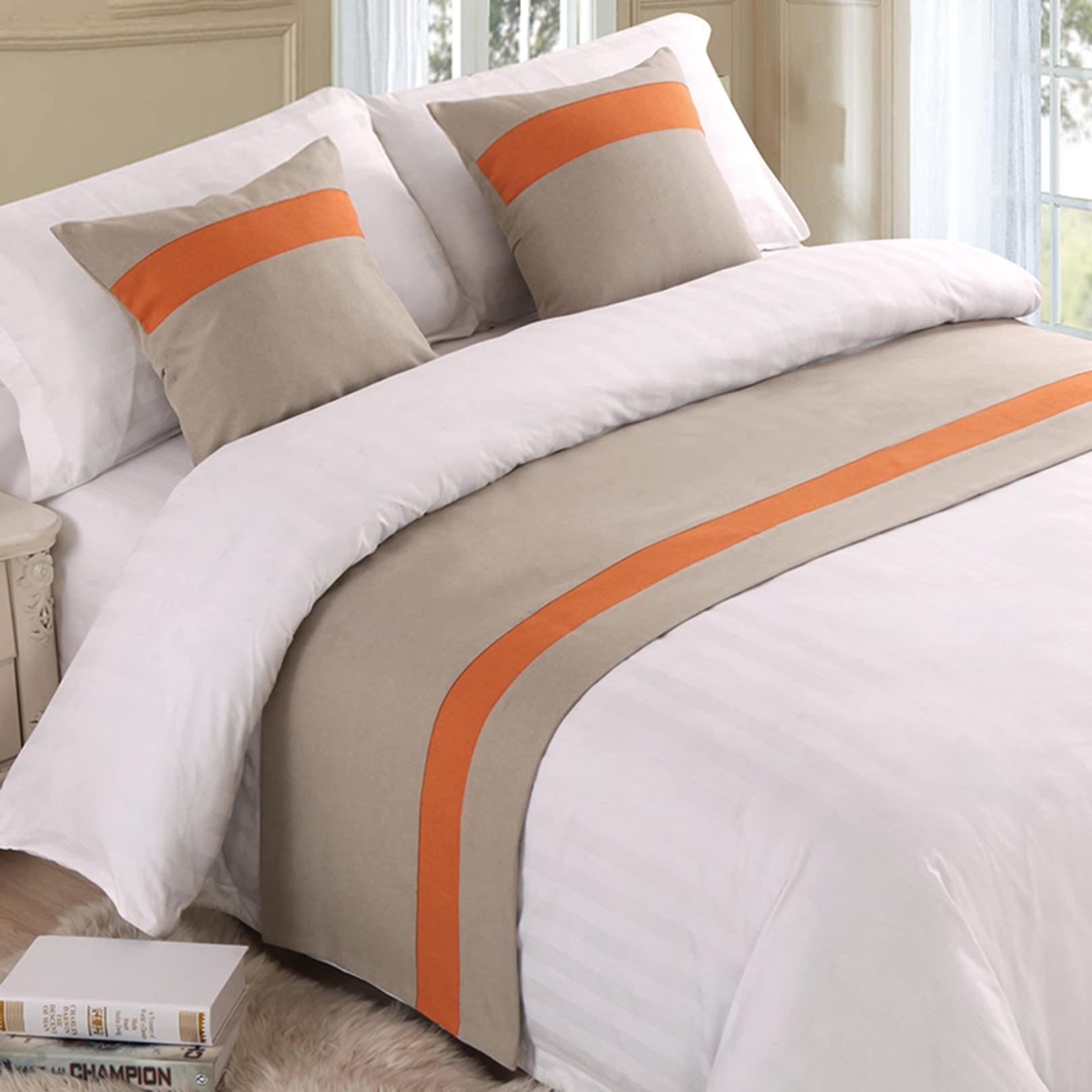 HLASMSPE Solid Color Linen Bed Runners, Hotel Bed Cover Blanket Modern Bedding Scarf, Home Bedspread Protection for Bedroom, Beige Stripe, 50 * 240cm for 1.8m bed