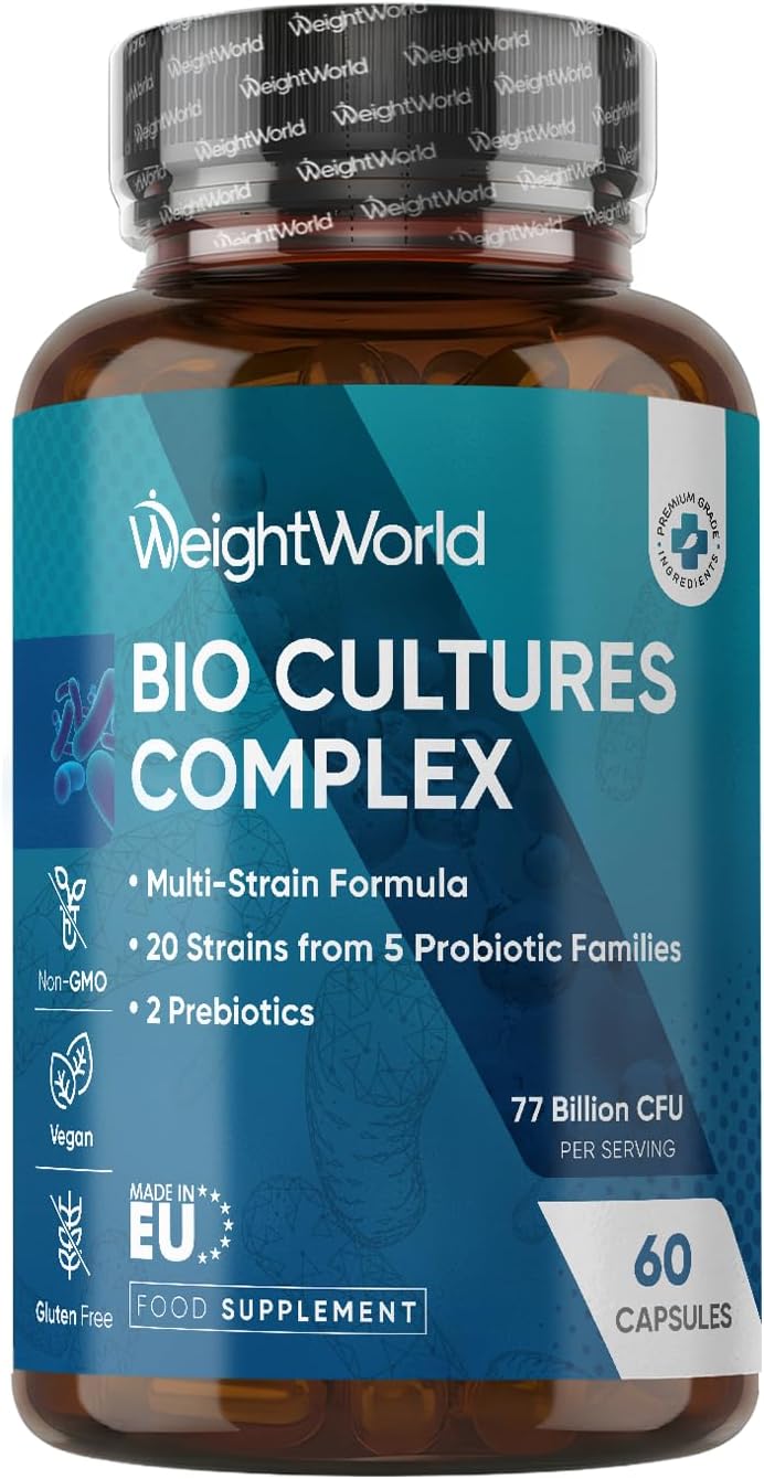 Bio Cultures Complex Probiotics and Prebiotics - 77 Billion CFU - 20 Live Cultures - 60 Capsules - Strains Like Lactobacillus Acidophilus & Casei - Prebiotic and Probiotic Supplements for Women & Men