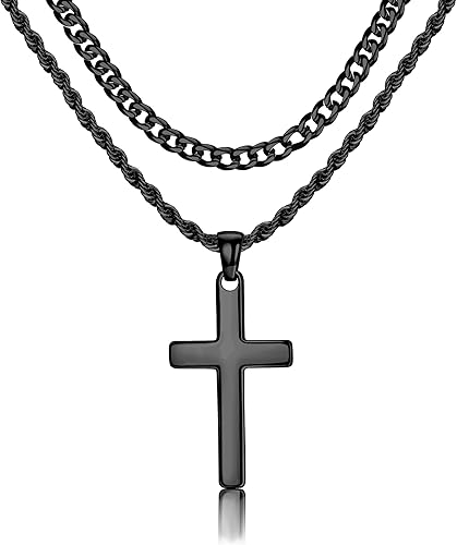sailimue Cross Necklace for Men - Layered Cross Chain Stainless Steel Crucifix Pendant Gold Black Silver 16-24 Inch - Snake Rope Cuban Link - Gift Box Included