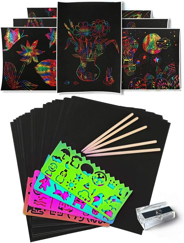 MAXMAXI Children's DIY Scratch Picture Scratch Book 50pcs Rainbow Scratch Art Paper Boards Pads 10.2" x 7.5" Kids Travel Activity Kit with 5 Wooden Styluses &4 Stencils & 1 Pencil Sharpener