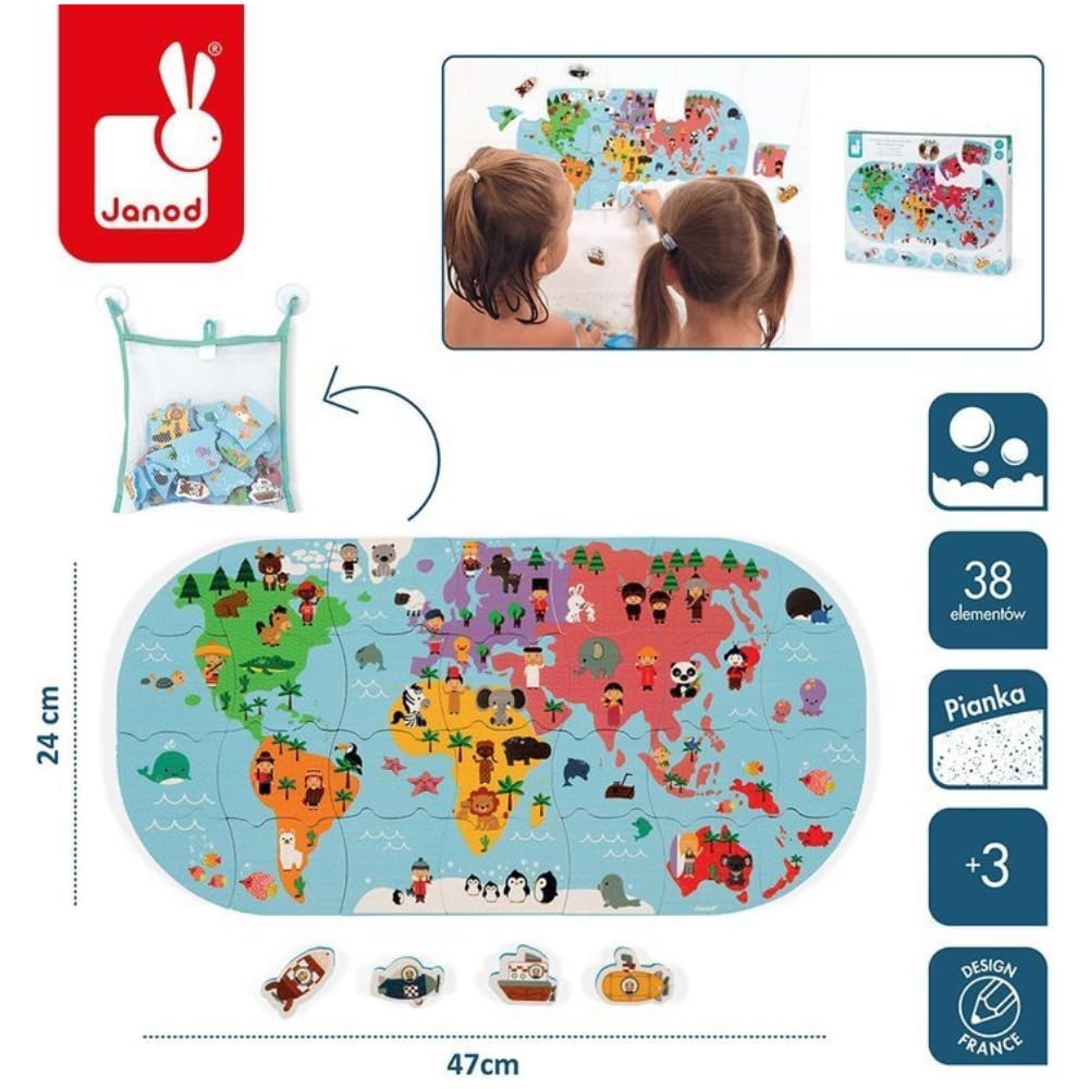 Janod - Bath Explorers Map - Early Years Bath Toy - Handling and Dexterity - Ages 3 and Up, J04719