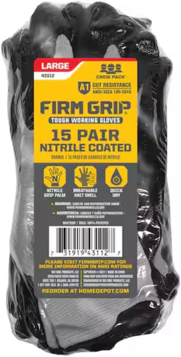 FIRM GRIP NITRILE WORK GLOVES 15 PACK