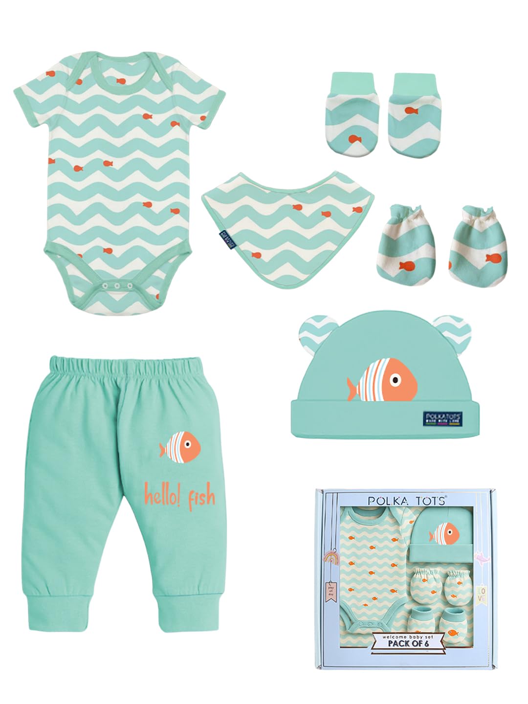 POLKA TOTS Premium Newborn Baby Gift Set Box | Cotton Baby Clothes Set 0-12 Months for Boys & Girls | Essentials Newborn Baby Dress Kit | Ideal Baby Shower Gifts for Mom to Be & New Mothers (Pack of 6)