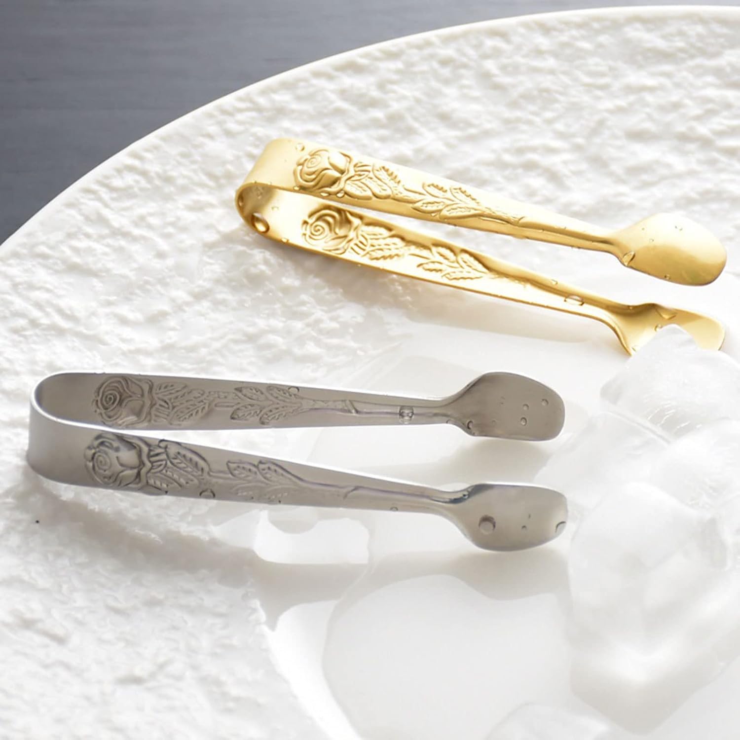 Cooking Tongs 1Pcs Stainless Steel Ice Cube Clips Sugar Tongs Foods Clips Kitchen Serving Tong Embossed Rose Ice Cube Clamp (Gold)