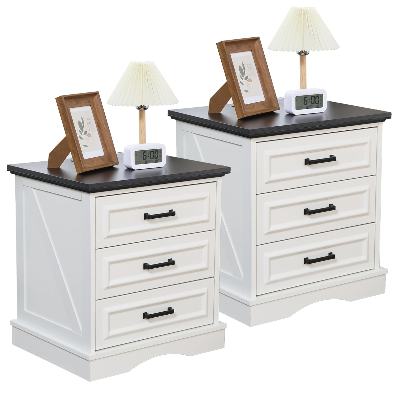HtThalamic Farmhouse Night Stands Set of 2, Wood Nightstand with Charging Station, 22" Wide End Table with 3 Drawers, White Bedside Cabinet for