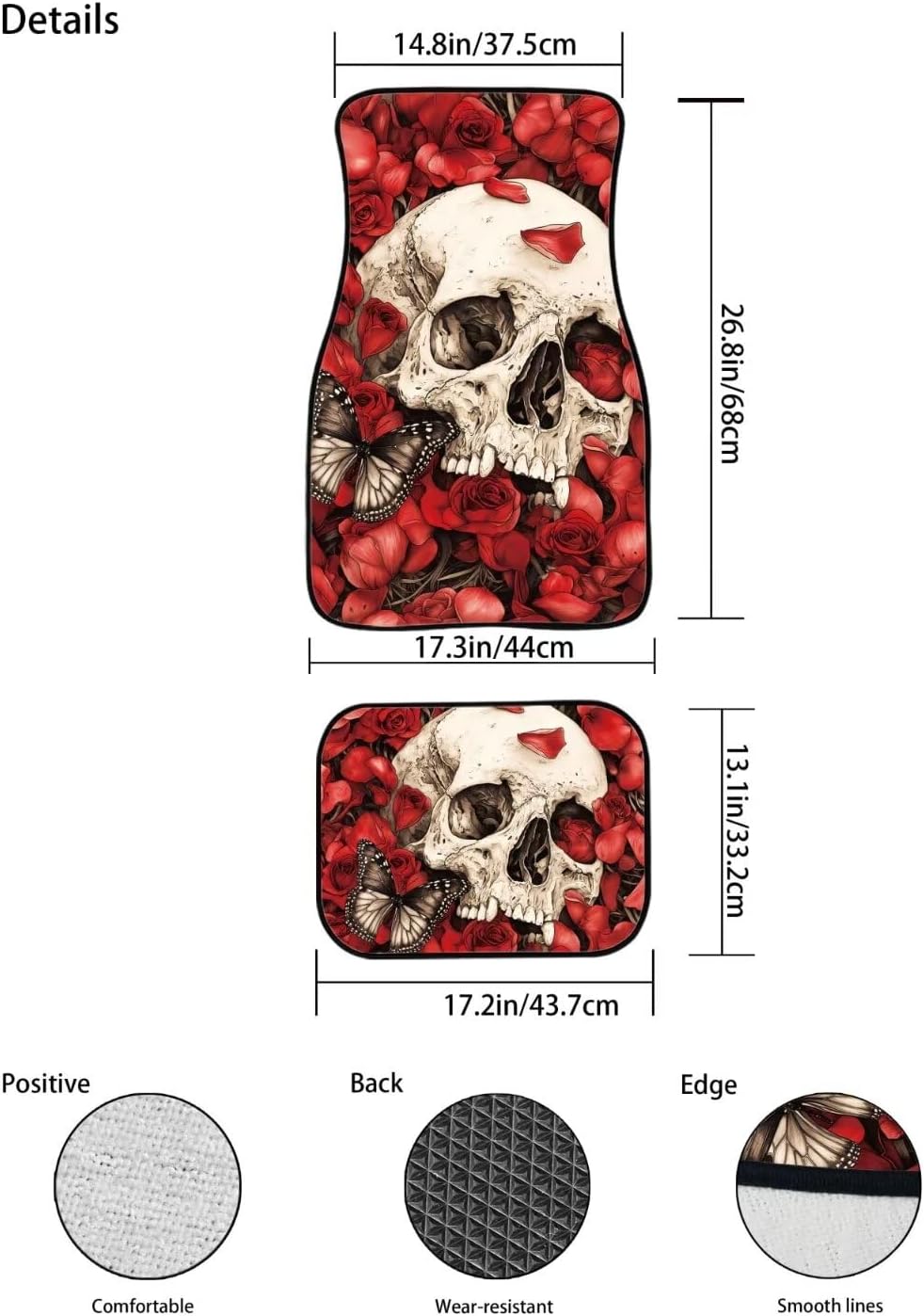 White Skull Red Rose Butterfly Pattern 4 Pcs Car Floor Mat Set, Vehicle Front Floor Mats Auto Interior Accessories Protection for Car SUV Van Truck