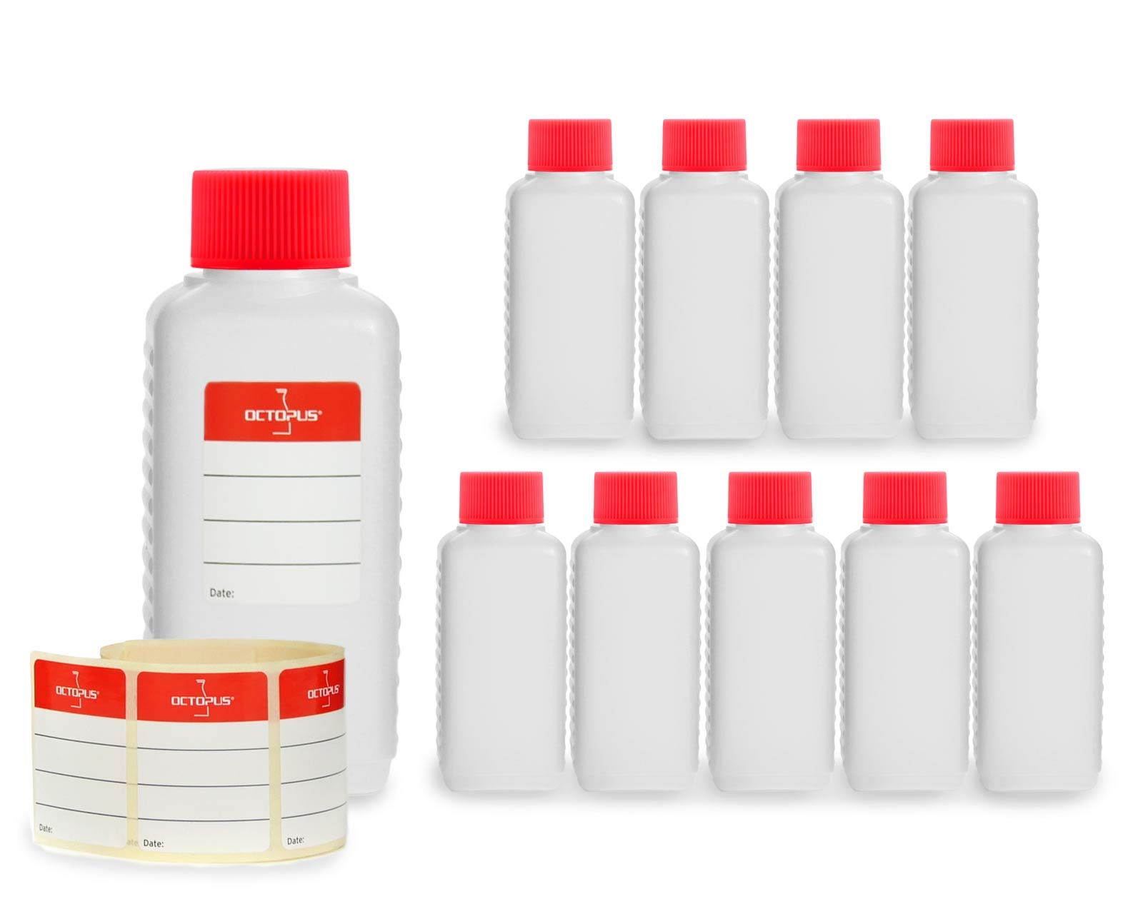 Octopus Red 10 X 100 Ml Plastic Bottles, Hdpe Plastic Bottles With Screw Caps, Empty Bottles With Screw Caps, Square Bottles Incl. 10 Labels