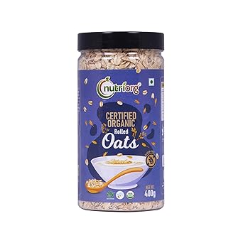 Nutriorg 100% Organic Rolled Oats 400gm | Gluten Free | High protein | Weight loss | Fibre Rich | Easy to Cook | Overnight Oats | Nutritional Breakfast Cereal Oats | Air Tight Plastic Jars - image, photos