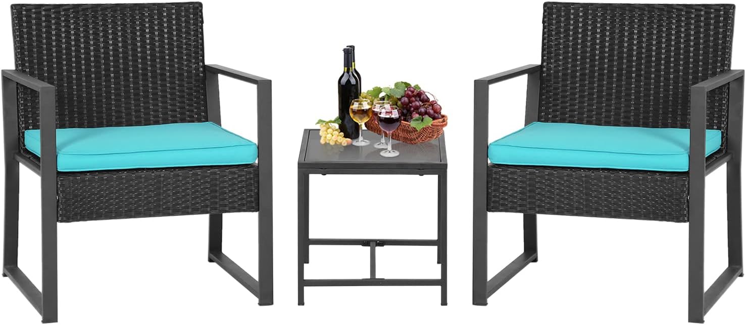 FDW 3 Piece Outdoor Bistro Set Patio Furniture Sets Wicker Patio Chairs Rattan Outdoor Furniture for Backyard Porch Poolside Lawn,Blue Cushion