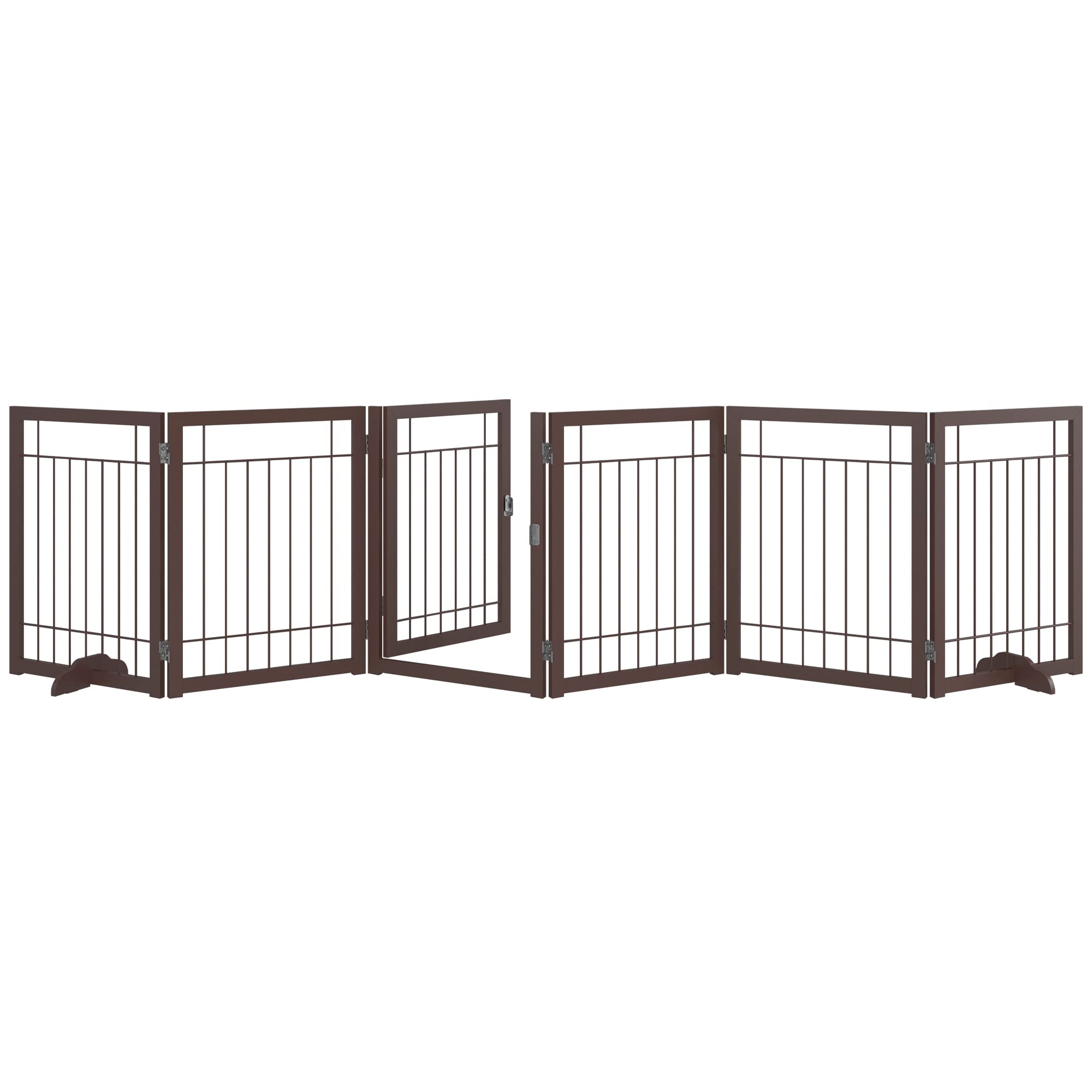 MUOU Freestanding Puppy Gate with Door, Wide 108" Tall 24" Pet Gate, Accordion Dog Gate Folding Playpen Fence, 2PCS Wooden Support Feet Included, for The House - Espresso