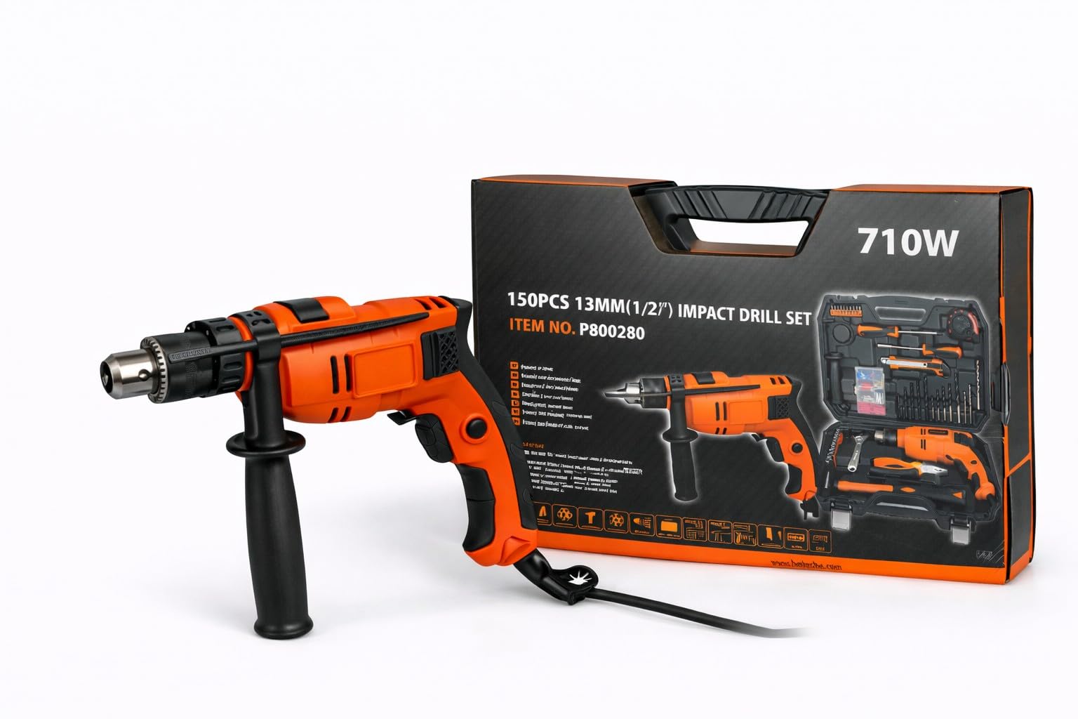 Trapano Avvitatore a Percussione 710W Trapano Elettrico Mandrino 13mm Velocità Variabile 0-3000 RPM per Legno Metallo Muratura con 150 Accessori in Valigetta