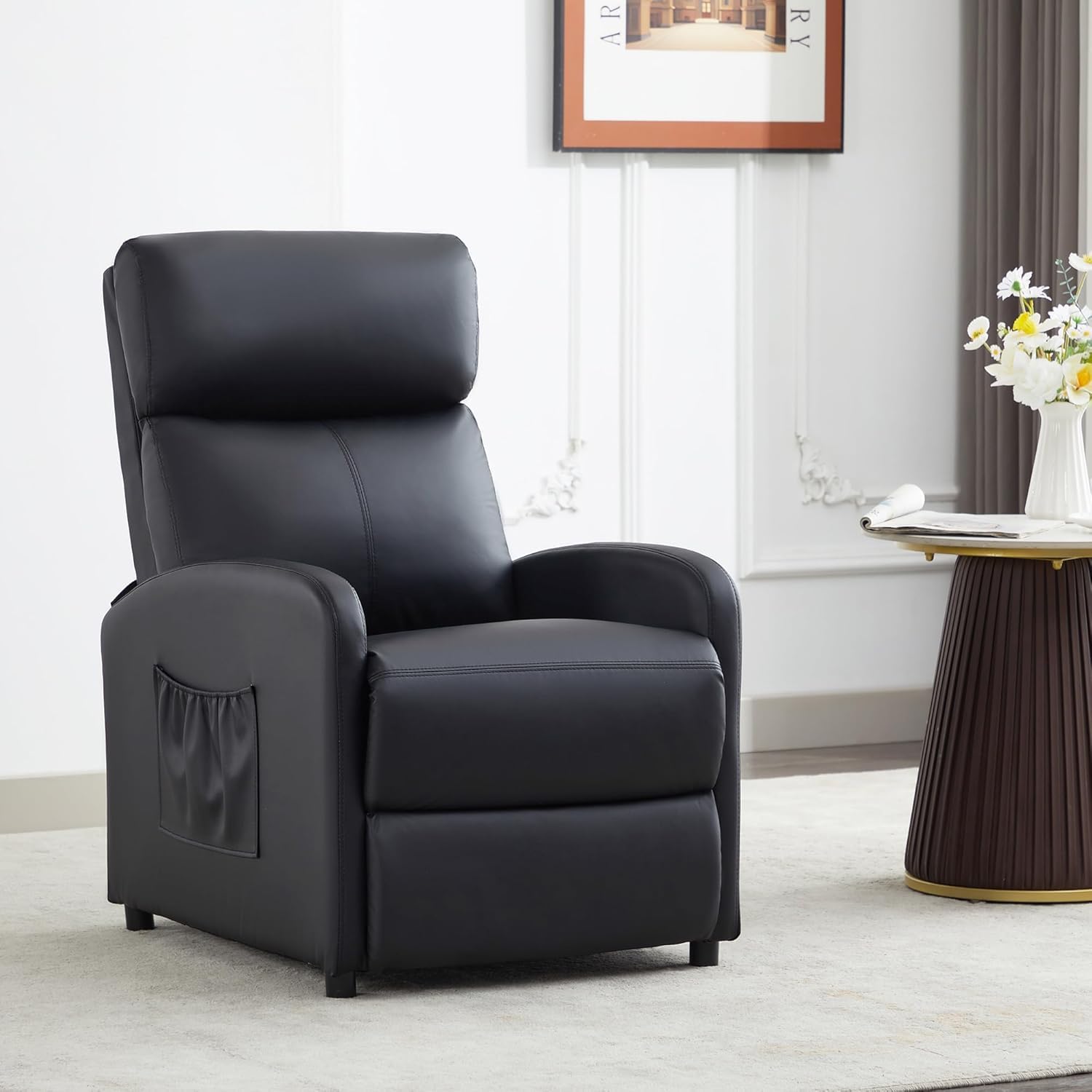 mcc direct Push Back Recliner Chair, PU Leather Single Sofa with Lumbar Support, Padded Backrest, Side Pocket and Adjustable Leg Rest for Home Living Room Theatre (Shadow Black)