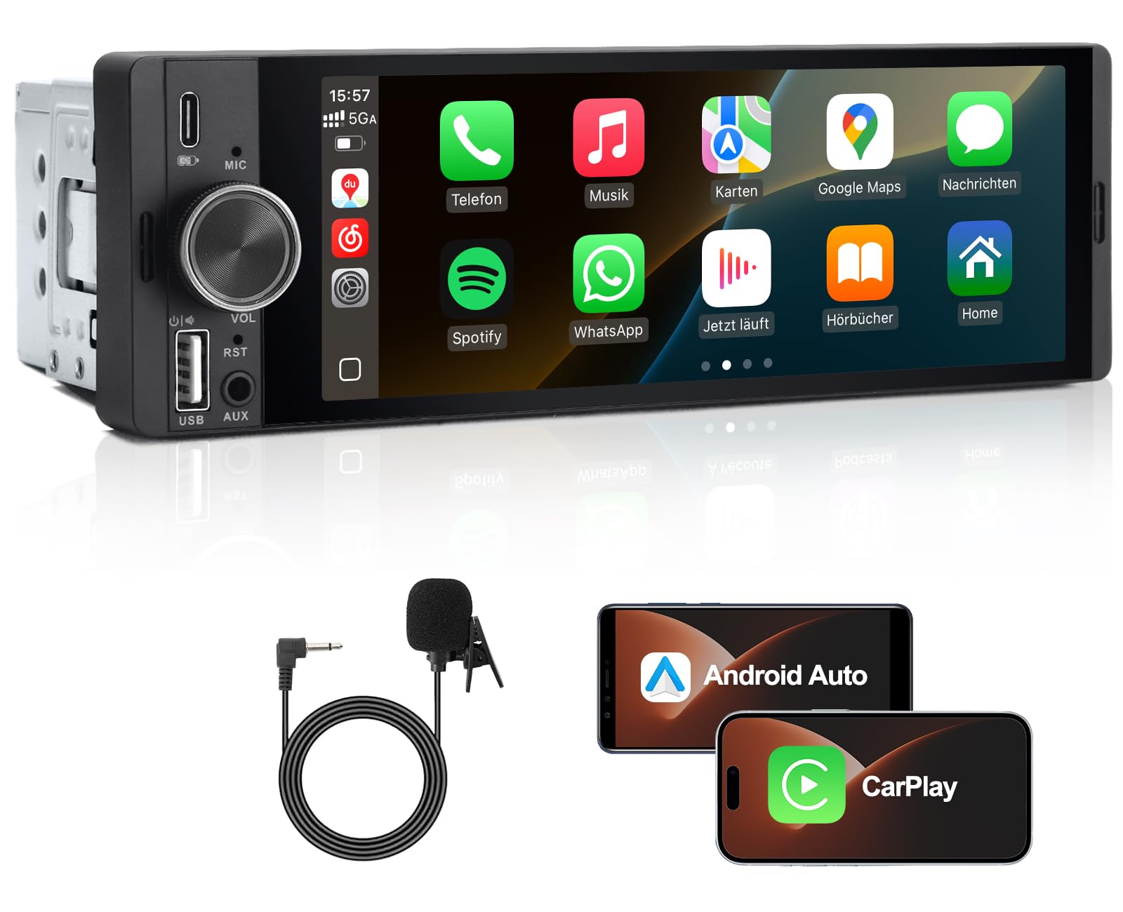 1 DIN Autoradio mit Wireless CarPlay & Android Auto, Auto Radio mit Bildschirm, GPS Navigation, FM, Bluetooth, Freisprecheinrichtung, Lenkradsteuerung, EQ, MirrorLink, AUX