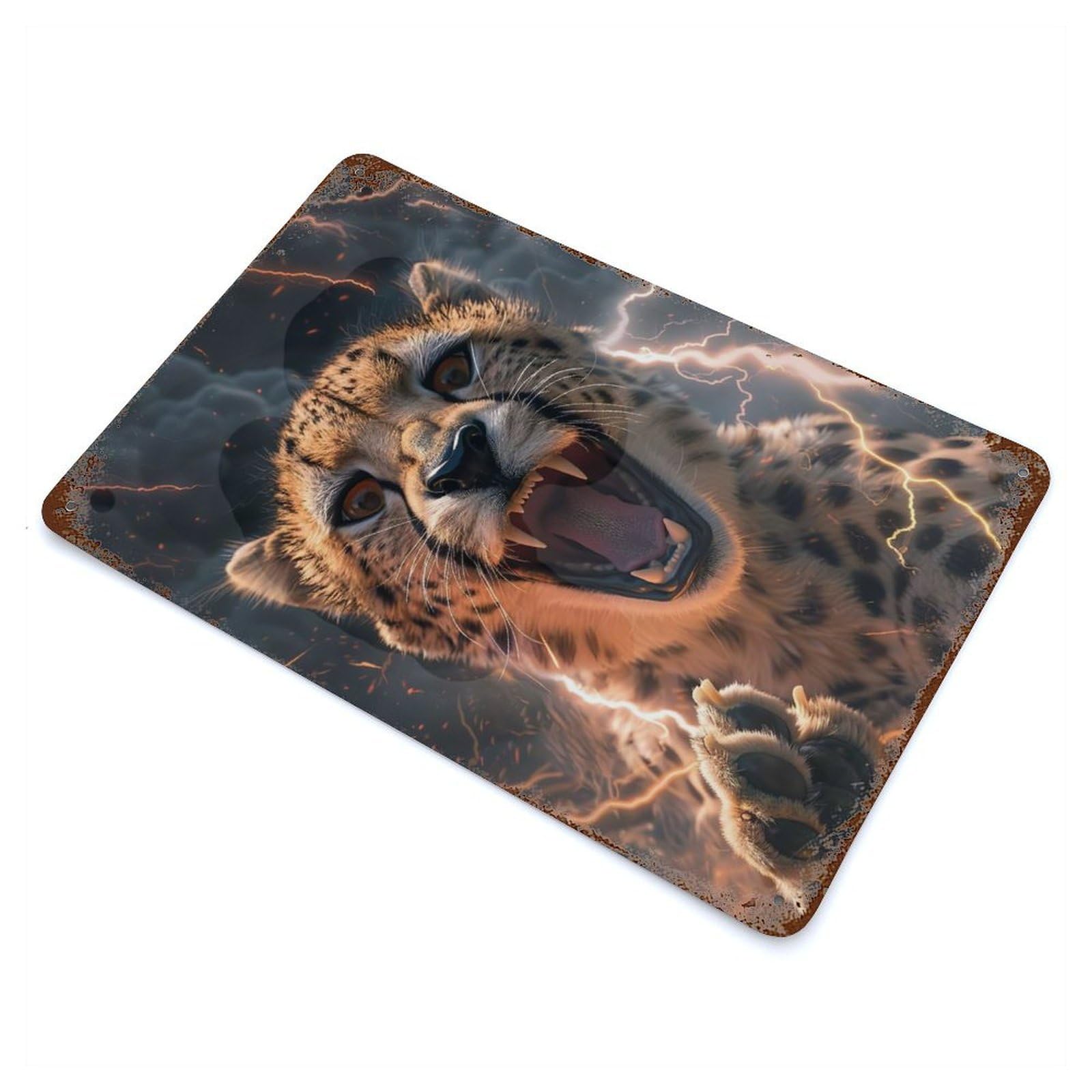 Garage Style Cheetah Lightning Aged Metal Wall Plaque 11.8"x7.9", Farmhouse Wall Decor for Bar And Workshop