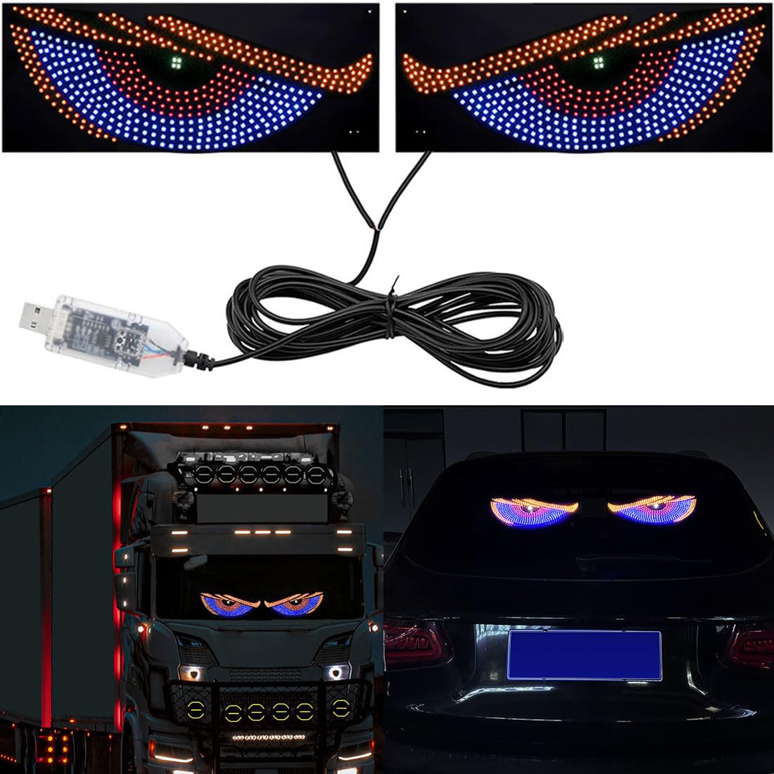 Yeux du Diable pour Voitures,12cm x 30cm Yeux LED pour Voiture,Yeux de Pare-Brise animés à LED,Grands Yeux pour Pare-Brise de Voiture