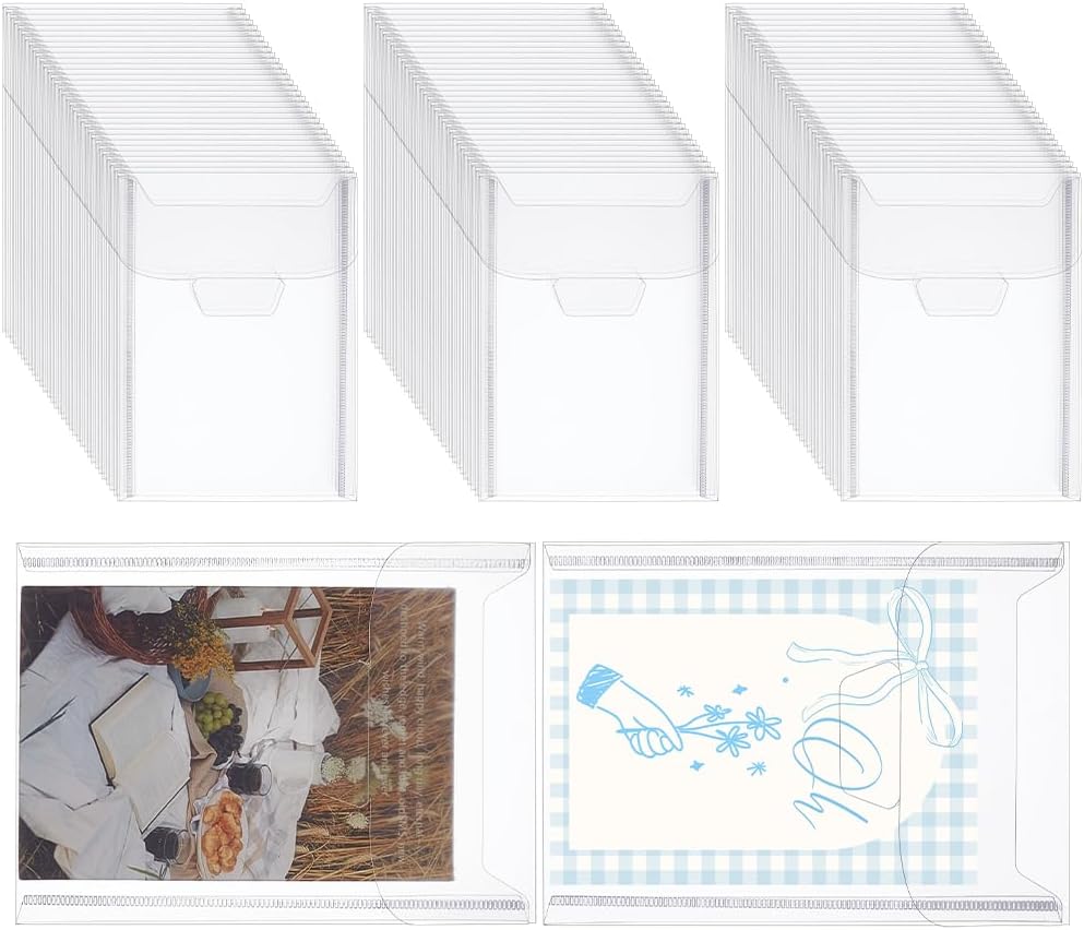 NBEADS 100 Pcs Stamp and Die Storage Pockets, 7.09×5.12 inch Clear Plastic Document Sleeves Stamp Holder with 1200 Self-Adhesive Price Labels for Cards Photos Receipts Scrapbook Paper Storage