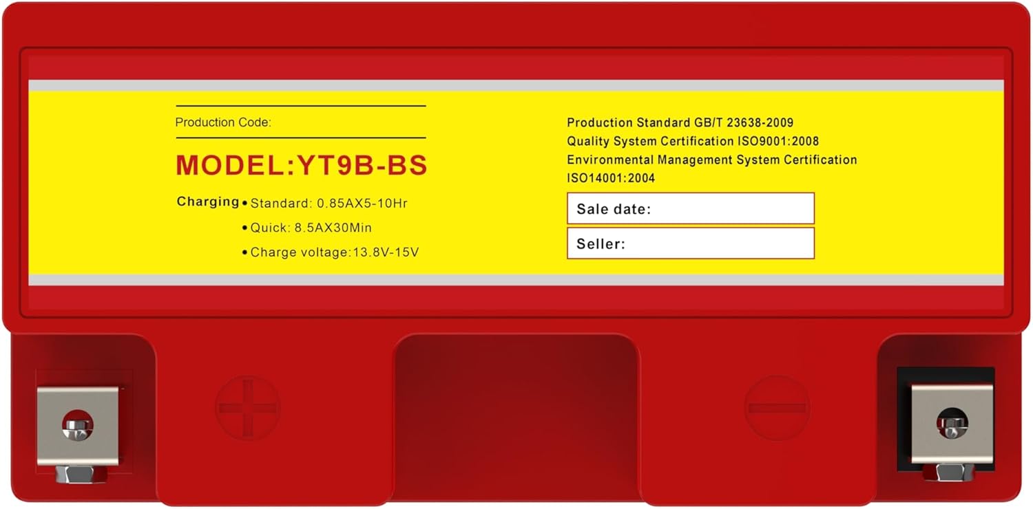 Brand YT9B-BS 12 V 8.5 Ah 120 CCA Maintenance-Free Sealed AGM Powersports Replacement Battery for YT9B-4 Compatible with Yamaha YFM700R Raptor YZF-R6 YP400 Majesty