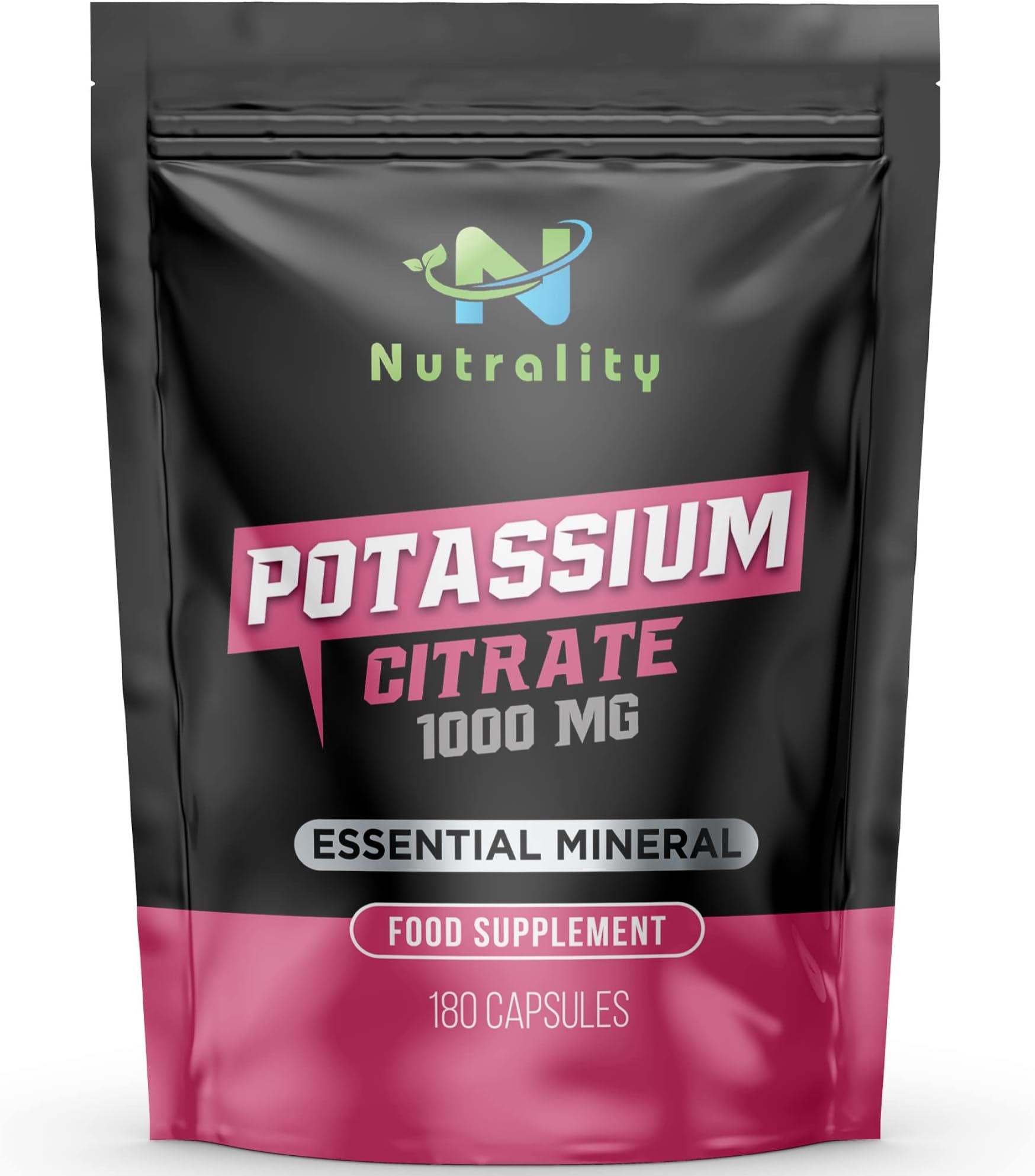Nutrality Potassium Citrate 1000mg | High Strength Potassium Supplement 90-Day Supply | Nervous System, Muscle Contraction, Keto-Friendly | 180 Vegan Capsules