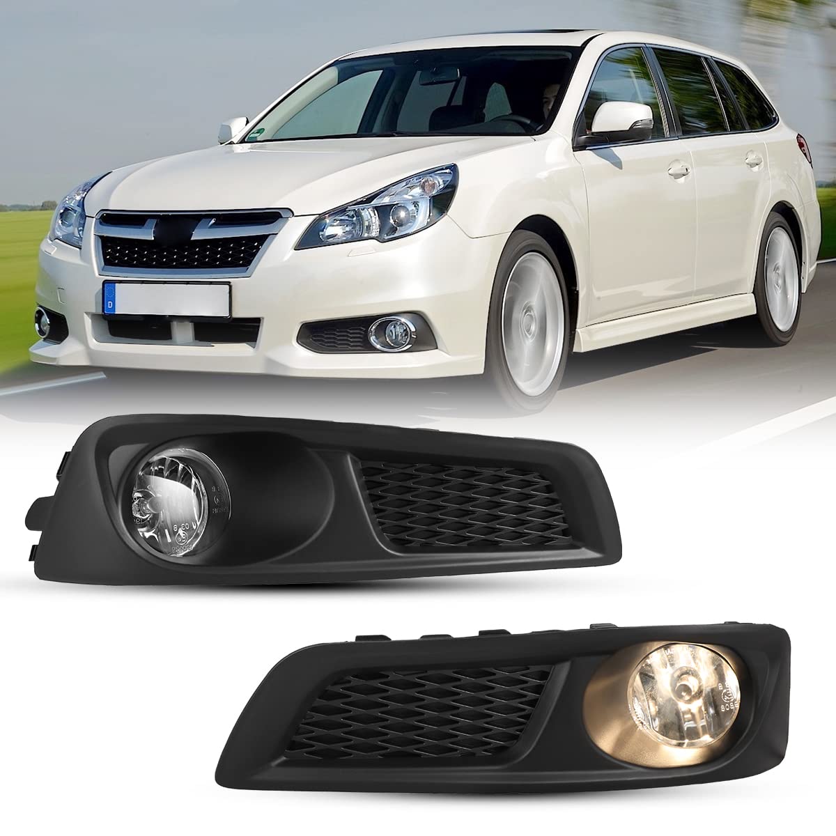 CPW OEM Fog Lights Assembly Fit For 2010 2011 2012 Subaru Legacy, Driver & Passenger Driving Projector Fog Lights Replacement w/Wiring Harness + Switch Kit (Black Housing Clear Lens)