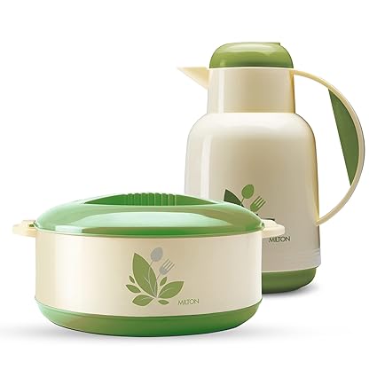 MILTON Trophy Gift Set, New Orchid 1500 Casserole, 1260 ml and Nancy 1000 Flask, 1 Liter, Moss Green | Insulated | BPA Free | Hot & Cold | Food Grade