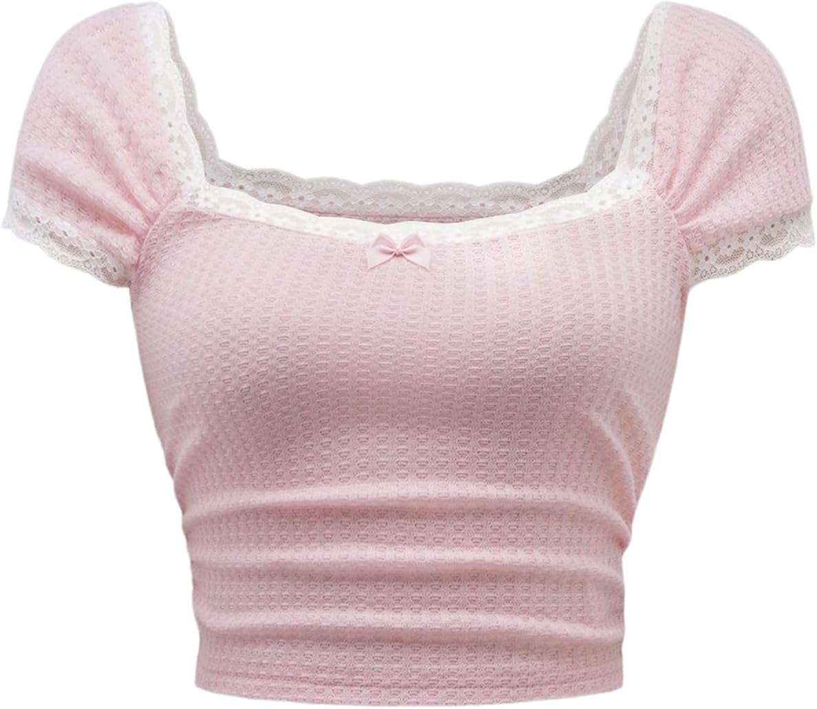 Verdusa Women's Cute Going Out Tops Coquette Crop Tops Bow Square Neck T Shirt Medium Pink