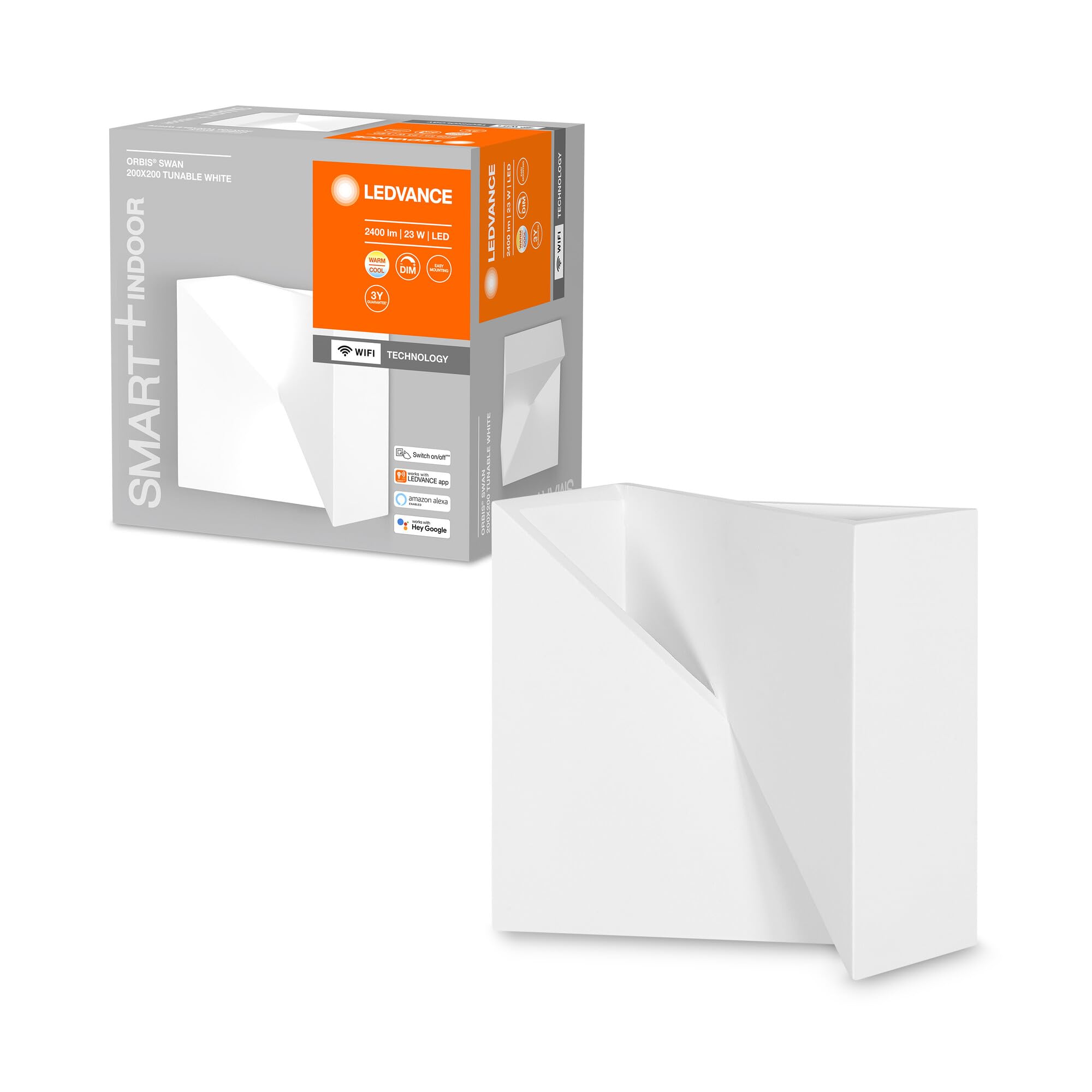 LEDVANCE ORBIS SWAN SMART+ Wi-Fi Leuchte, dimmbare LED Wandleuchte für den Innenbereich, 23W, Farbtemperatur von 3000-6500K, 600 Lumen, bemalbarer Oberfläche, quadratische Form 20x20cm
