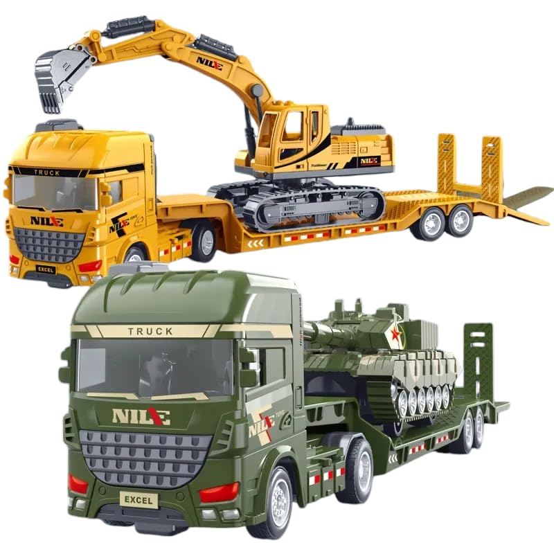 Image of Excavator and Military Tank, Manual Push Power Large Transport Trailer Vehicles Truck Toys Alloy Diecast Truck Set Toy Best Birthday Gift for Kids (Excavator & Tank Truck Set)