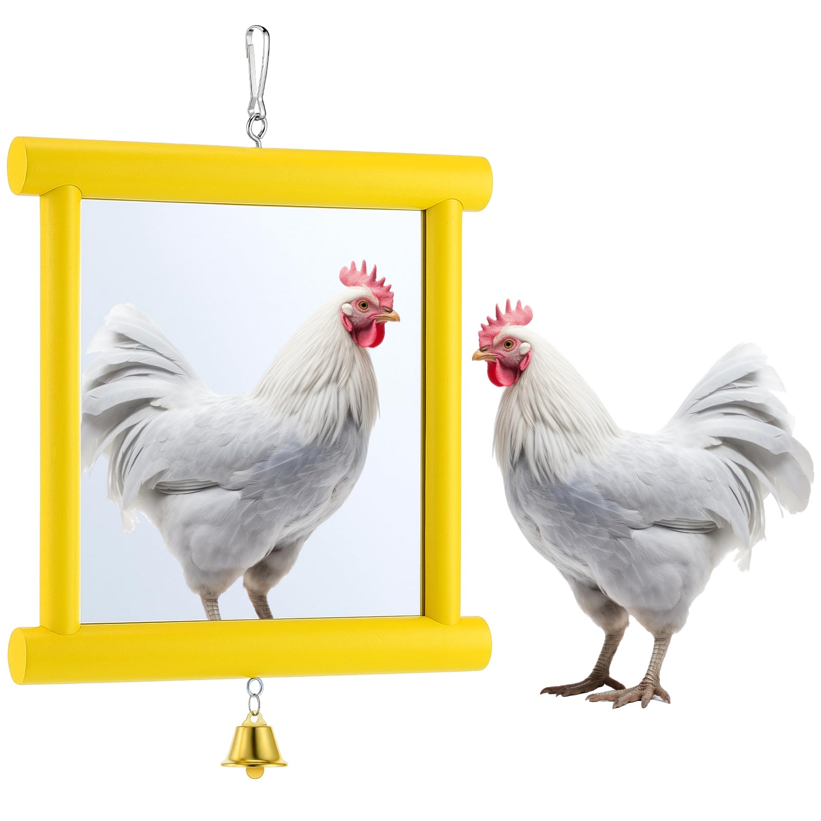 Sadnyy Extra Large Chicken Mirror Toys Hanging Swing Double Side Mirror with Bell Wooden Pecking Toy for Hens Birds Parrots Coop Roosters Enrichment Toy for Poultry(Square, Yellow, 1pcs)