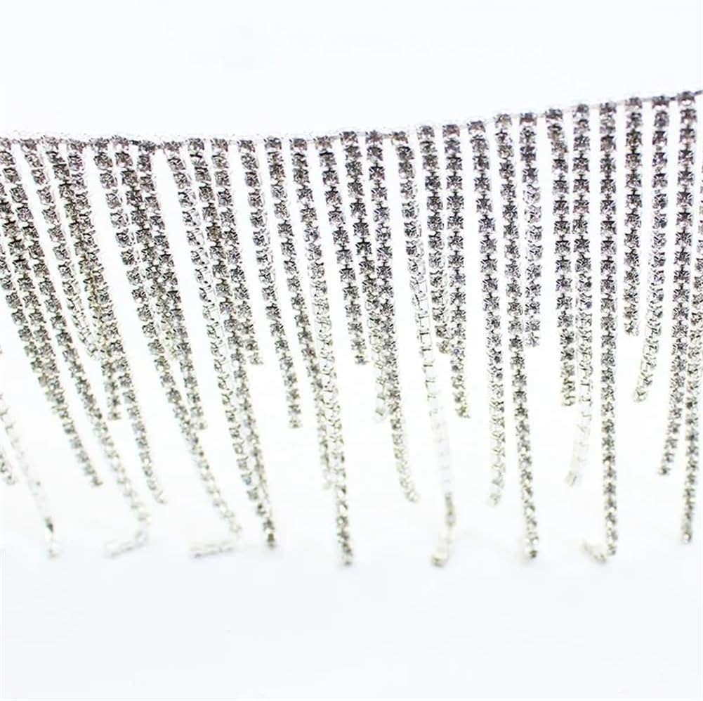 1/5Yards Long Short Tassel Chain Decoration Rhinestone Trim for Skirt Coat Bag Dress Sewing Silver Crystal 1Yard