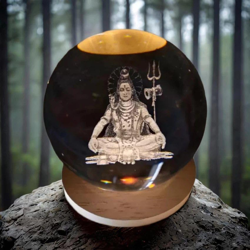 Image of STARKENDY 3D Mahadev Crystal Ball LED Night Lamp, Creative Engraved Night Light Wooden Base, Warm White Decorative Table Lamp for Home, Office, Bedroom, Birthday Gift