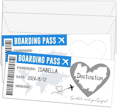 Surprise Scratch Off Travel Ticket Boarding Pass2 Set, 3.5"x8" Silver Scratch Card Gift for Holiday Birthday Christmas Wedding-A17