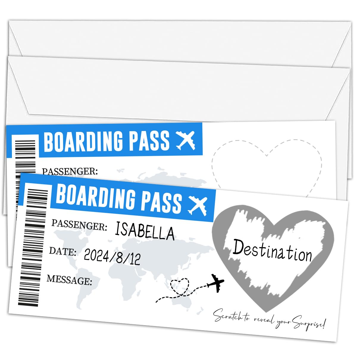Qoamp Surprise Scratch Off Travel Ticket Boarding Pass(2 Set), 3.5"x8" Silver Scratch Card Gift for Holiday Birthday Christmas Wedding-A17