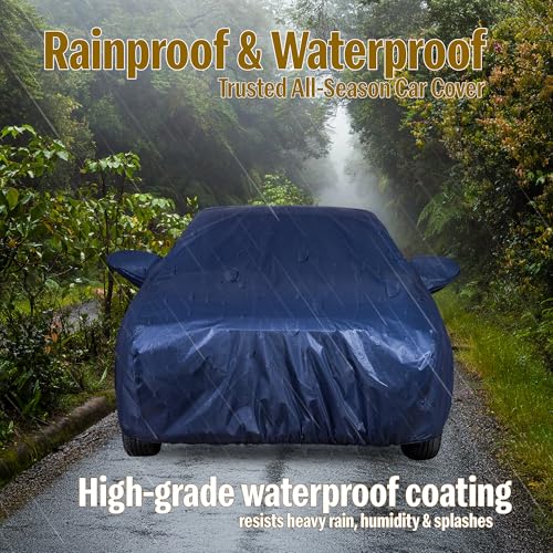 Image of Autofact 210D SuperDuper Waterproof Car Cover for Volkswagen Taigun | All-Weather Protection, UV & Heat Resistant, Windproof with Buckle Belt, Scratchproof & Dustproof, Navy Blue Color