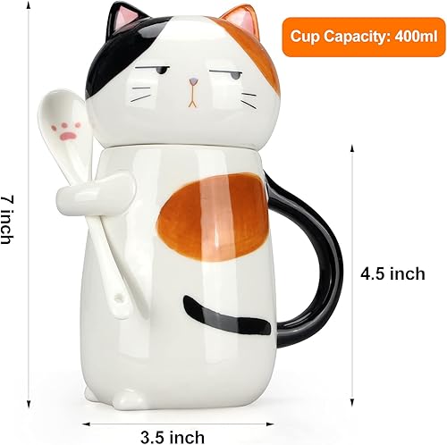 Miniatura 7 de Taza de café grande y bonita de cerámica con tapa y cuchara, divertida taza de gato para mujeres y damas, tazas de café Kawaii 3D únicas para gatos,