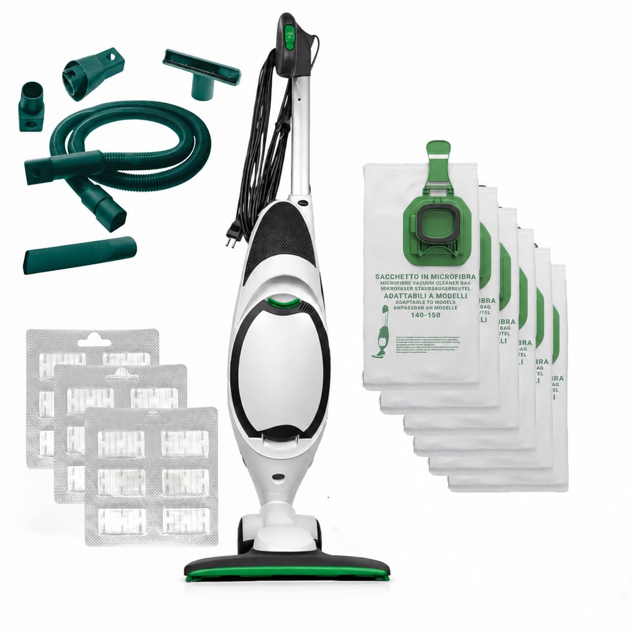 Aspirapolvere FOLLETTO VK150 + 6 SACCHETTI + PROFUMINI + TUBI, Con Motore 60.000 giri/min, Emissione Polveri 0,0001 mg/m³, Sacco 2,5 L, PESO: 3 Kg