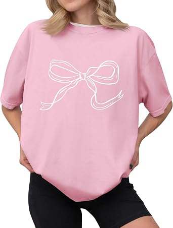 Womens Summer Tops Bow Graphic Y2K Tops Cute Short Sleeve Oversized Tshirts Casual Crewneck Cotton Tshirts Basic Tee