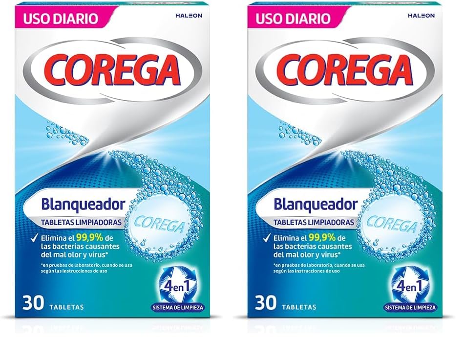 Corega Blanqueador Tabletas Limpiadoras Para Prótesis Dentales, Elimina las Manchas, Uso Diario, 30 Tabletas (Paquete de 2)