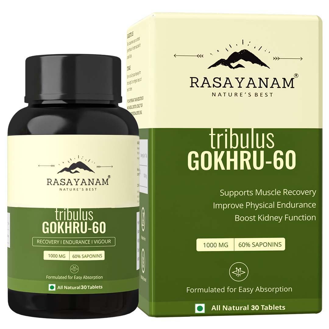 Rasayanam Gokshura Tablets 1000mg Gokhru per Serving, Highest Saponins 60%, Tribulus Terrestris for Men & Women | Improves Energy, Muscle Strength, Stamina & Supports Recovery - 30 Tablets